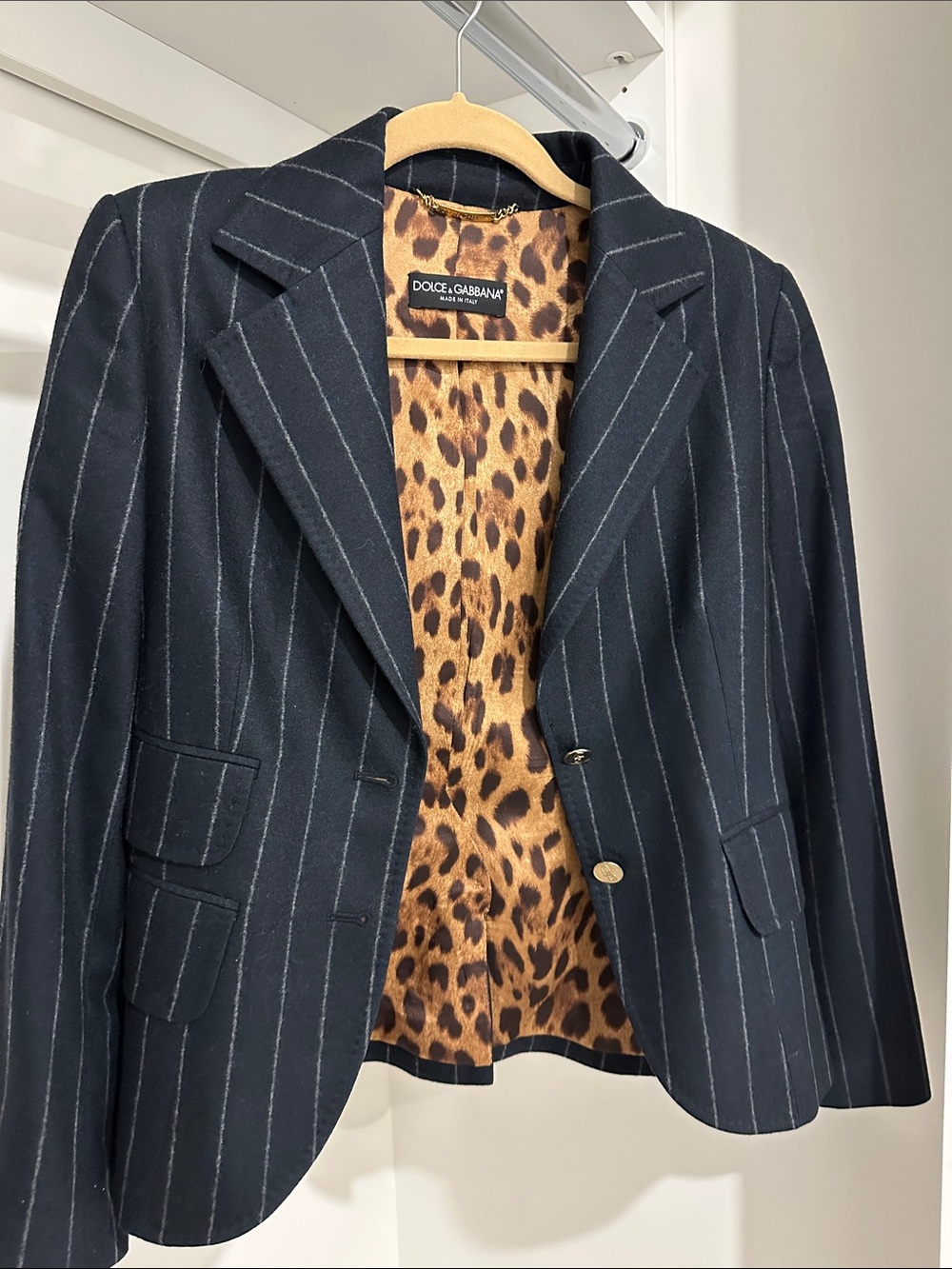 Dolce & Gabbana Navy Pinstripe Blazer with Leopard Print Lining